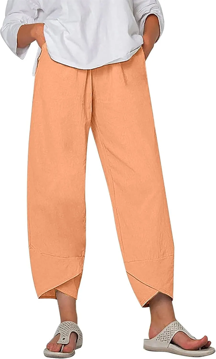 ZOCAVIA Women's Cotton Linen Capri Pants Casual Cropped Baggy Trousers Comfy Loose Palazzo Lounge Pants with Pockets