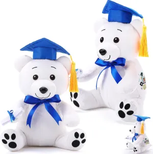 Zomiboo 2 pcs Graduation Autograph Stuffed Animal Gift 12 Inch Plush Bear with 12 Color Pen Graduation Party Gift Stuff for Her Him, Masters, College, White Smooth Fabric(Blue Hat)