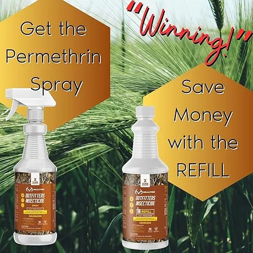 Zone Realtree Outfitters Permethrin Insecticide Spray and Refill Bundle - 32oz Spray and 32oz Refill, Controls Ticks, Mosquitoes, Chiggers on Clothing, Boots, and Gear