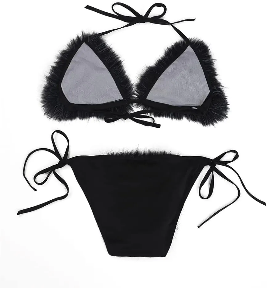 ZOSCGJMY Women's Faux Fur Halter String Triangle Bikini Sets Two Piece Swimsuits