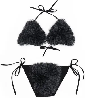 ZOSCGJMY Women's Faux Fur Halter String Triangle Bikini Sets Two Piece Swimsuits