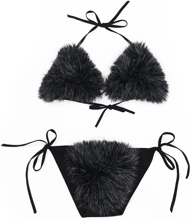 ZOSCGJMY Women's Faux Fur Halter String Triangle Bikini Sets Two Piece Swimsuits