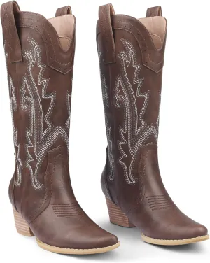 Zzheels Women Mid-calf Cowboy Boots Pointy Toe Boot Embroidered Western Cowgirl Boots Chunky Heels