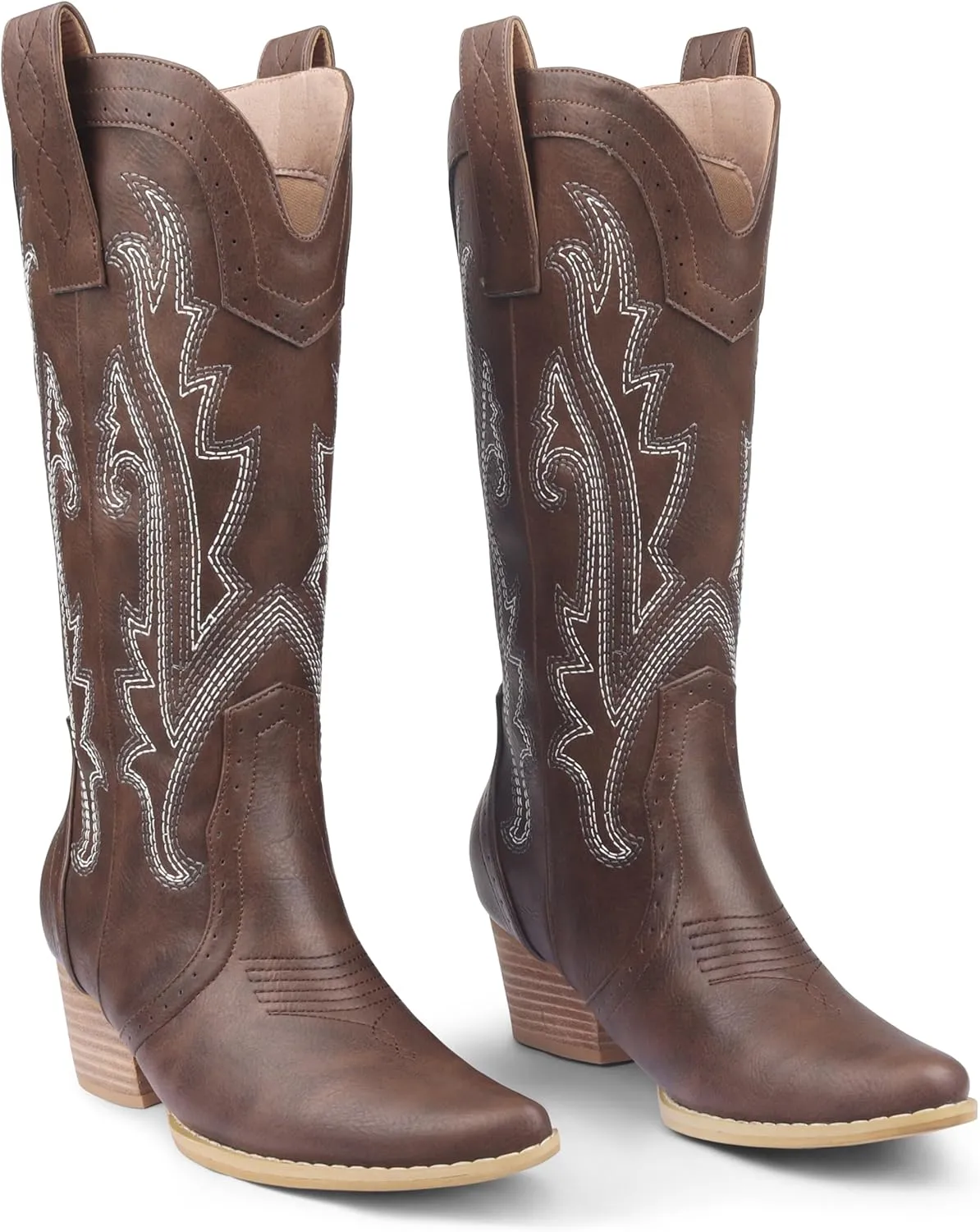 Zzheels Women Mid-calf Cowboy Boots Pointy Toe Boot Embroidered Western Cowgirl Boots Chunky Heels